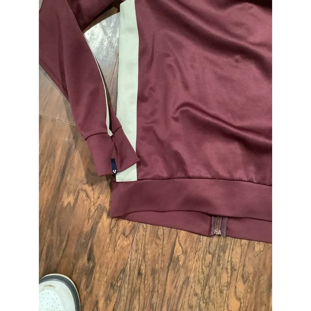 Men's True Religion Burgundy Hooded Zip Jacket With Biege Stripes Medium